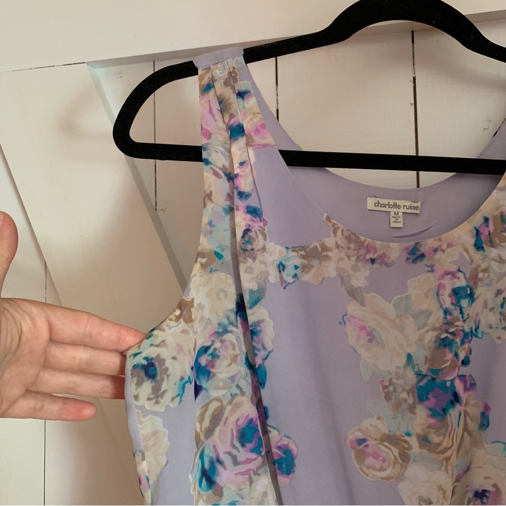 Lilac Lavender Floral Print Asymmetrical Flowy Feminine Boho Cottagecore Dress - Picture 5 of 7